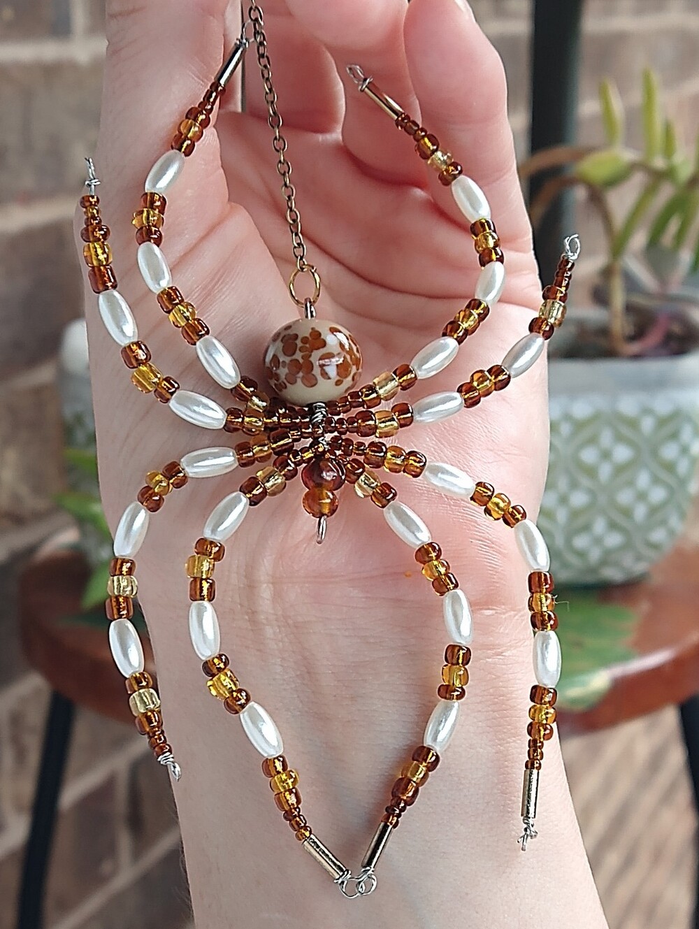 Handcrafted Brown & Pearl Beaded Spider Pendant